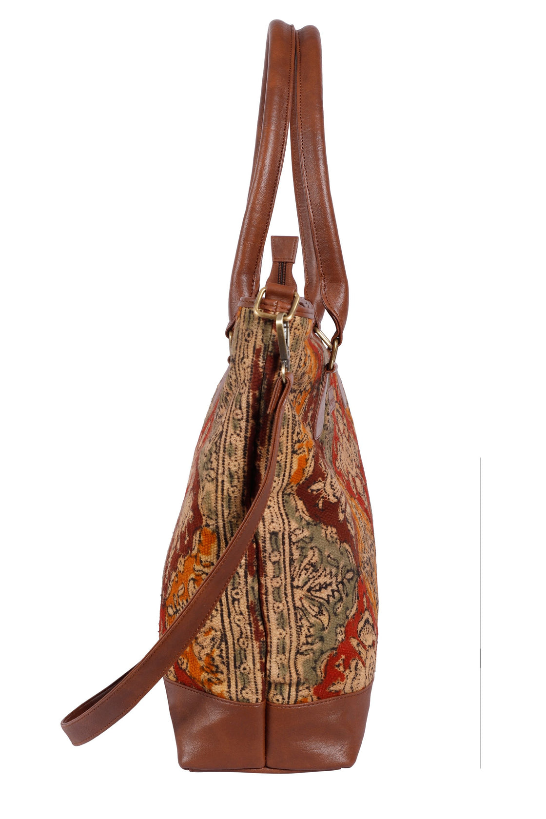 Block print vegan leather bag, hand woven kilim shoulder bag,large tote bag with zipper, vegan gift, organic cotton fabric tote